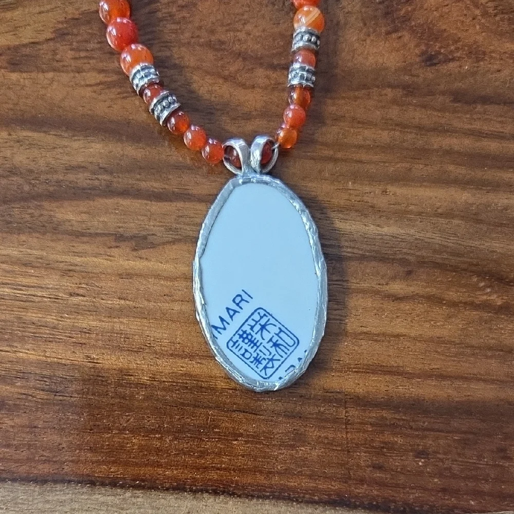Broken China and Carnelian Beaded Necklace - Picture 3 of 6